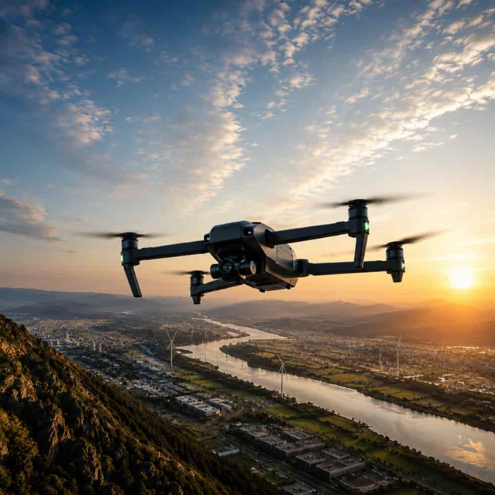 Drohne fliegt über eine grüne Landschaft mit breitem Flussbett und begrünten Berg im Vordergrund